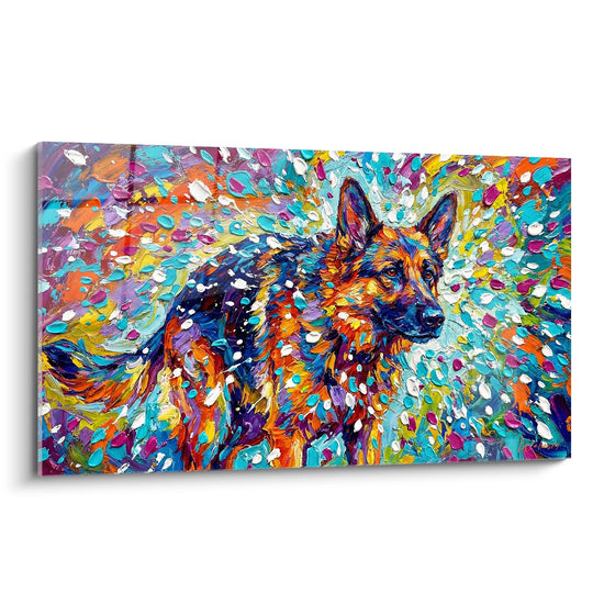 Tableau berger allemand éclaboussures multicolores art contemporain mural décoratif orange turquoise violet