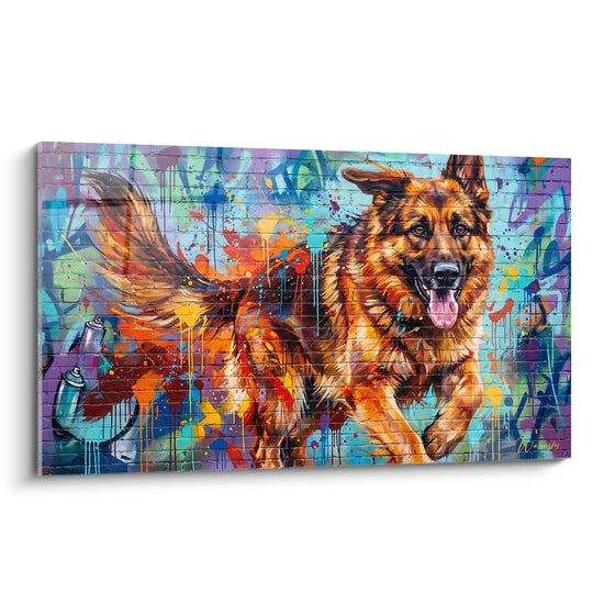 Tableau berger allemand en mouvement sur fond graffiti multicolore style street art urbain