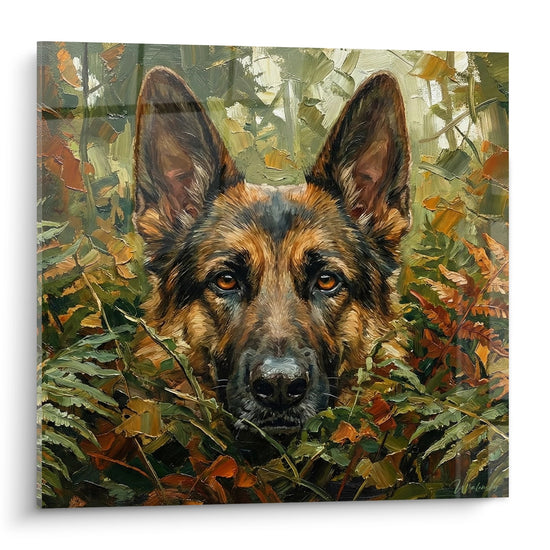 Tableau portrait berger allemand aux yeux ambre dans feuillage automnal, peinture realiste tons chauds