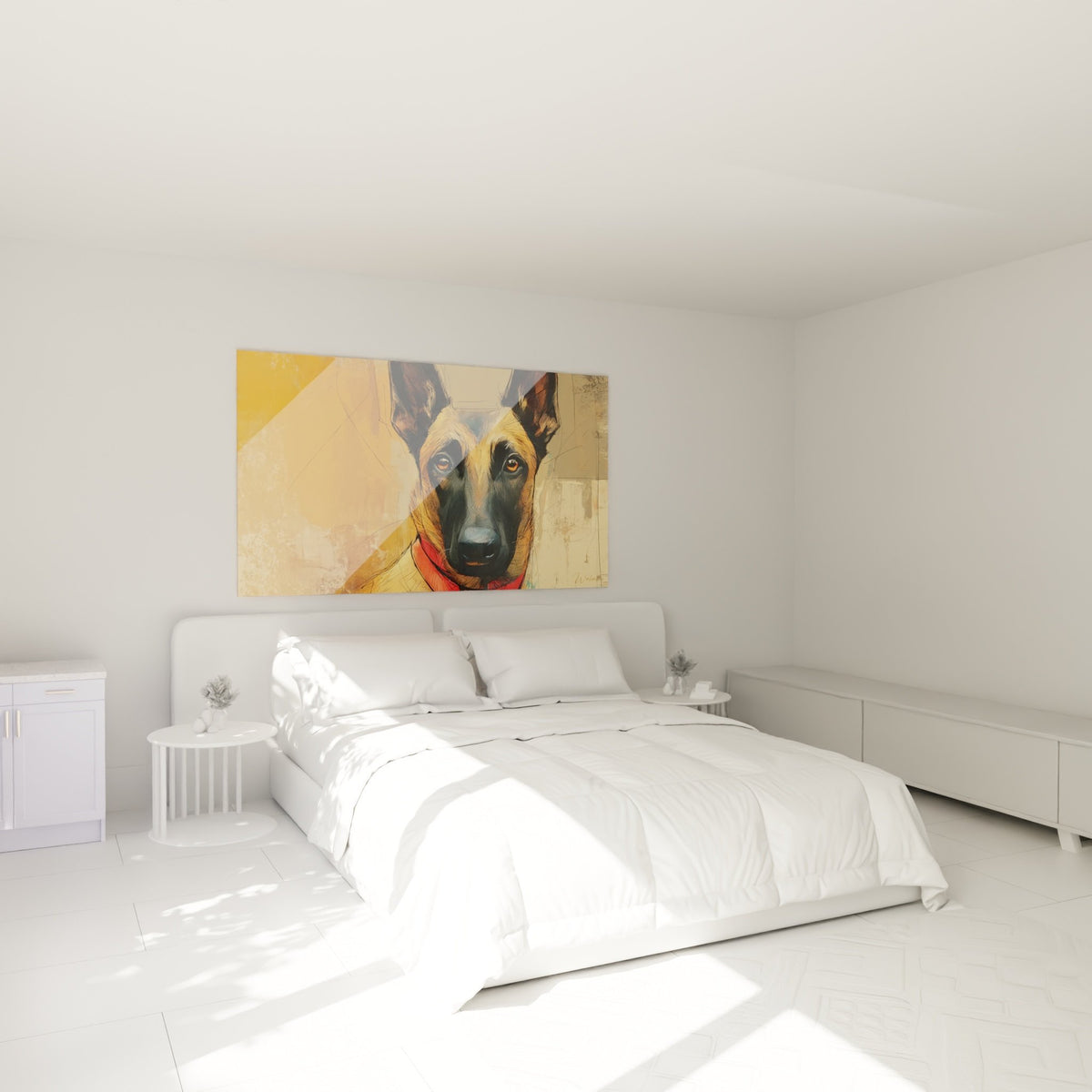 Tableau Berger Belge Malinois collier rouge dans chambre moderne aux tons neutres et chaleureux