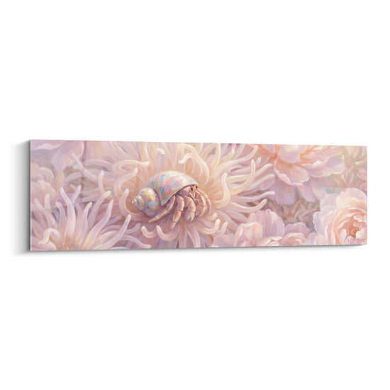Tableau bernard-l'hermite rose et doré dans anémone marine aux tentacules soyeux, style aquarelle contemporaine