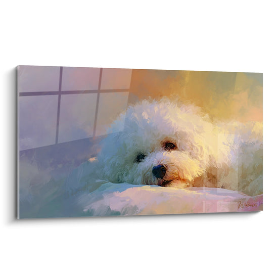 Tableau artistique Bichon Frisé blanc dans bain aux tons pastel violets et dorés lumière tamisée fenêtre