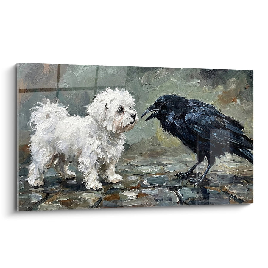 Tableau Bichon Maltais et Corbeau Face à Face - Rencontre Inattendue - Edition Bichon Maltais