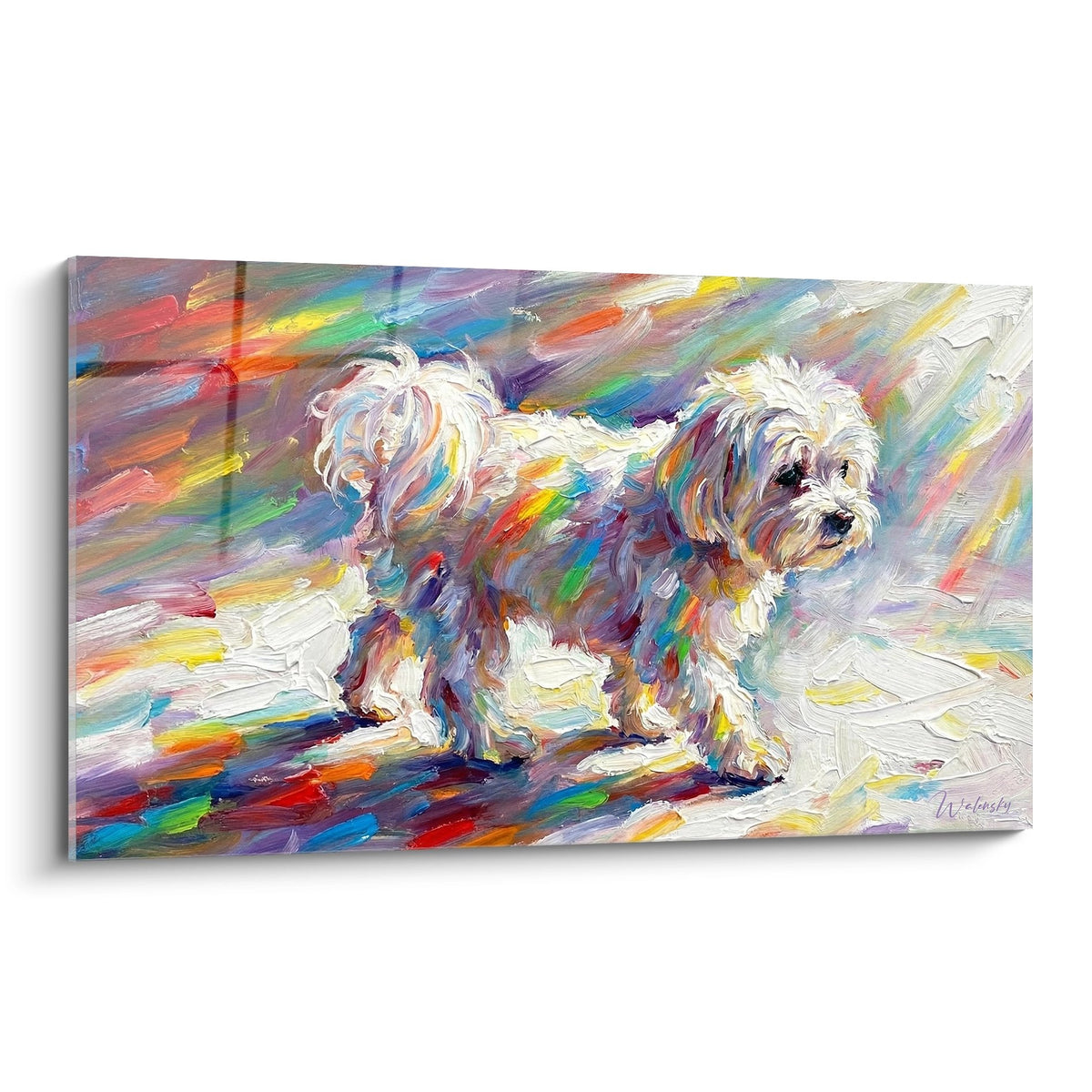 Tableau artistique Bichon Maltais blanc entoure couleurs vives multicolores style impressionniste moderne