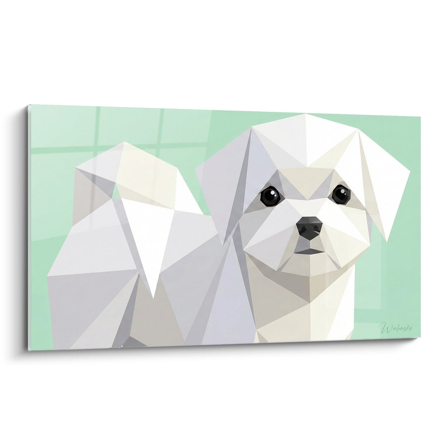 Tableau Chien Blanc Polygonal sur Fond Vert Pastel - Géométrie Moderne - Edition Bichon Maltais