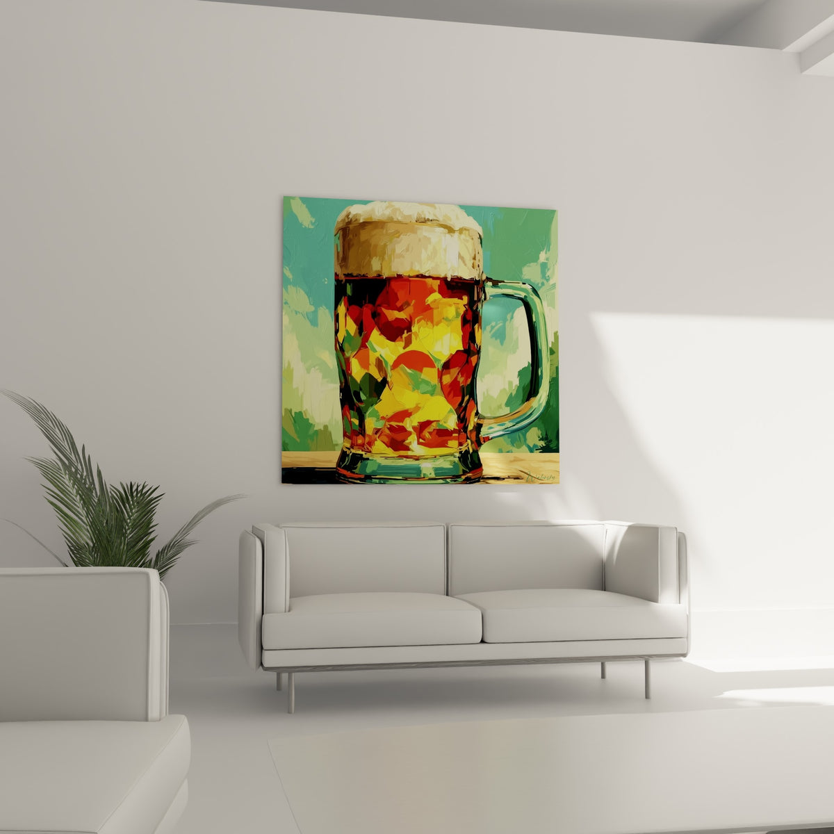 Liquide ambré aux reflets rouges et jaunes au-dessus d'un canapé dans un salon lumineux