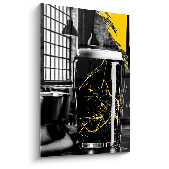 Tableau Verre noir aux éclaboussures jaunes vif - Fenêtre à barreaux industrielle - Edition Bière