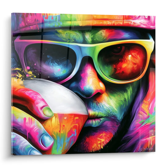 Homme aux lunettes réfléchissantes savoure une bière, visage rose, vert et violet éclatant