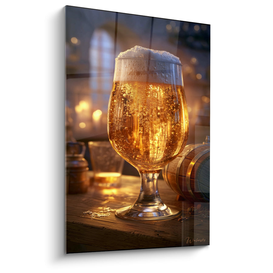 Tableau Verre à pied doré et brun près d'un tonneau - Fenêtre en arche floue - Edition Bière