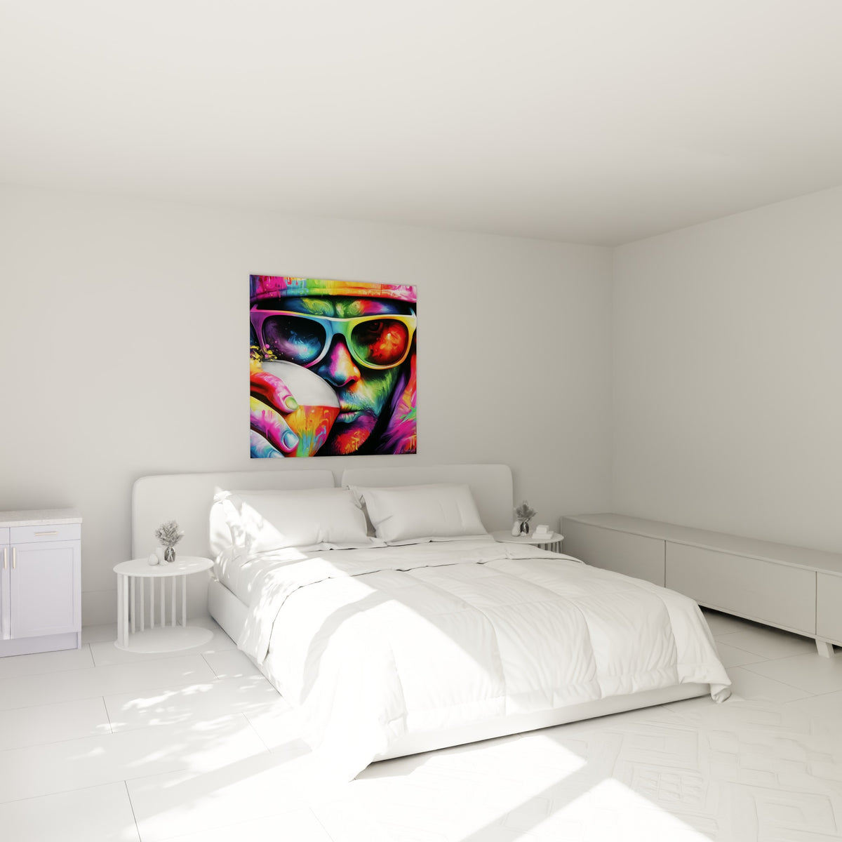 Portrait coloré d'un buveur de bière aux teintes orange et bleu marine au-dessus d'un lit dans une chambre claire