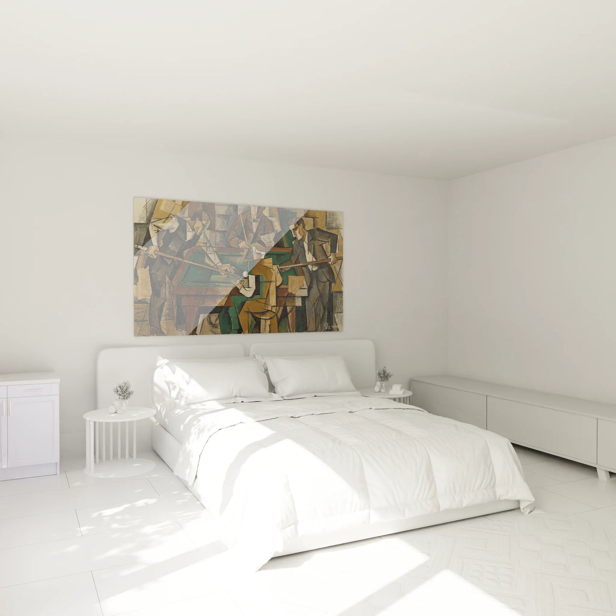 Tableau billard cubiste décorant élégamment une chambre moderne avec ambiance artistique contemporaine
