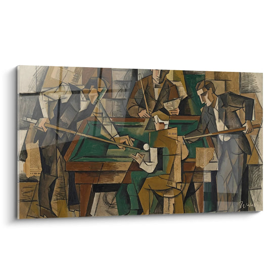 Tableau billard cubiste moderne montrant trois joueurs autour d'une table verte avec style géométrique