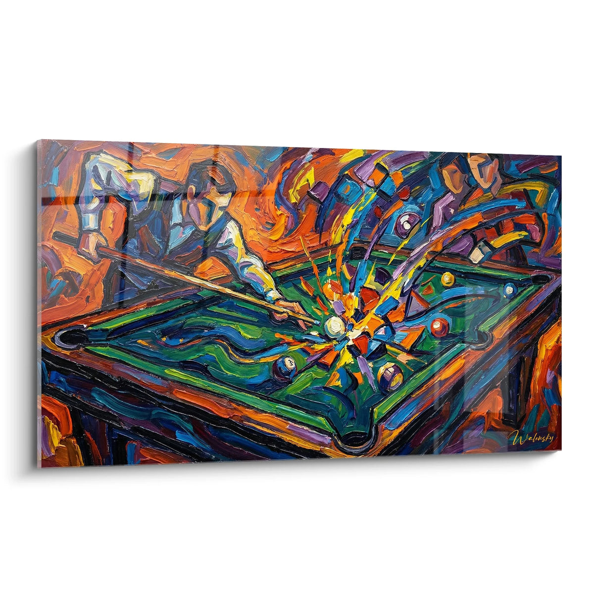 Tableau billard expressionniste coloré avec explosion de boules multicolores sur table verte