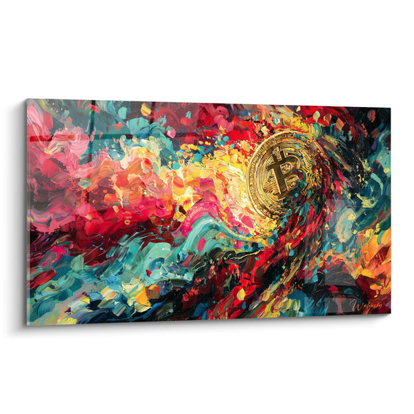 Tableau Pièce dorée au tourbillon rouge turquoise - Tourbillon financier - Edition Bitcoin