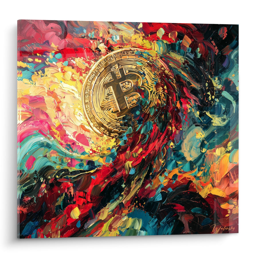 Tableau Pièce dorée tourbillon rouge et turquoise - Tourbillon fulgurant - Edition Bitcoin