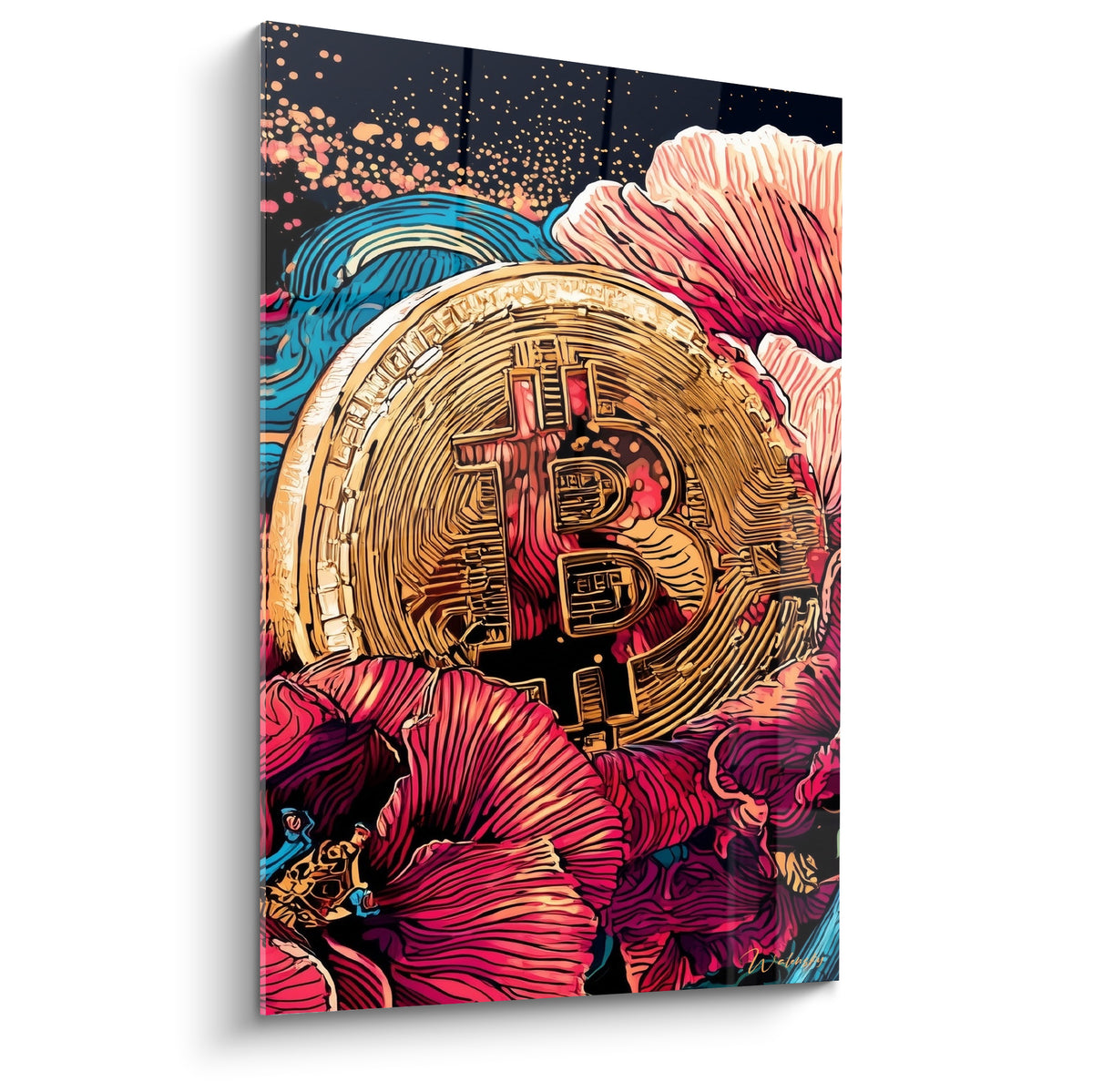 Pièce Bitcoin dorée entourée de pétales fuchsia et corail sur fond bleu marine étoilé