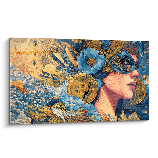 Tableau Portrait masqué doré et bleu - Icône dorée - Edition Bitcoin
