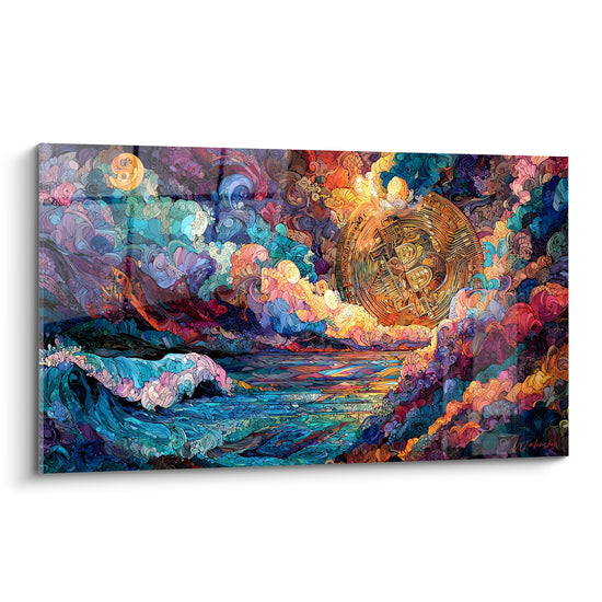 Pièce Bitcoin dorée émergeant d'une vague turquoise et violette en mosaïque graphique
