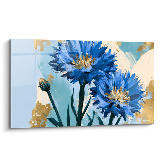 Bleuets bleu roi aux cœurs dorés peints sur fond bleu pastel avec éclats métalliques