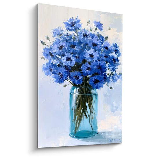 Bleuets bleu roi et bleu marine en bouquet dense dans un bocal turquoise, touche picturale empâtée