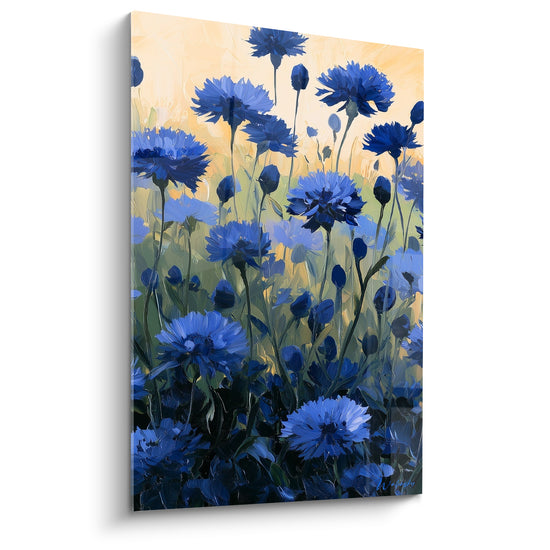 Tableau Champ de bleuets bleu et pêche aux tiges dressées - Boutons piquants foisonnants - Edition Bleuet