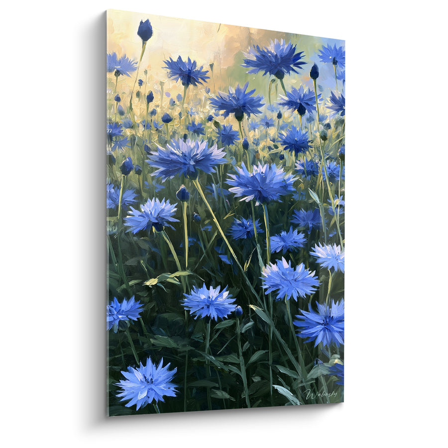 Tableau Champ de bleuets bleu et jaune vu d'en bas - Contre-jour doré - Edition Bleuet