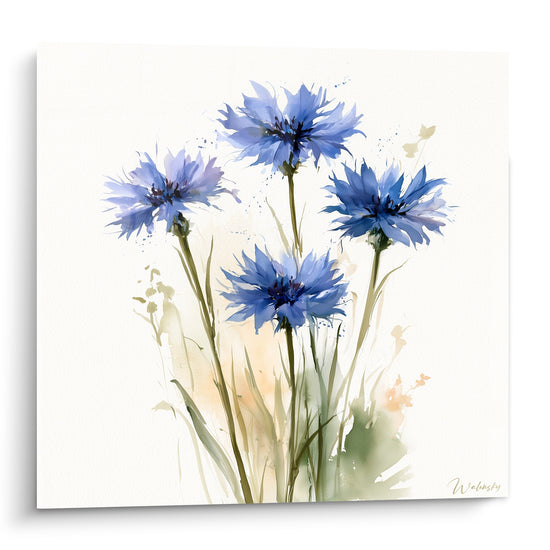 Bleuets bleu marine aux cœurs sombres, quatre fleurs déployées sur fond ivoire en aquarelle
