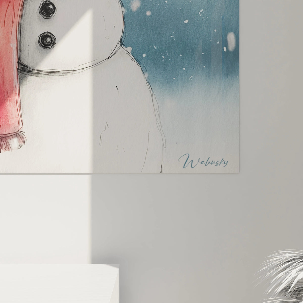 Tableau bonhomme de neige Noël de Walensky avec une écharpe rouge sur fond bleu