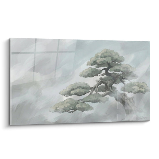Tableau bonsaï aquarelle tons gris vert sur fond brumeux style zen pour décoration murale apaisante