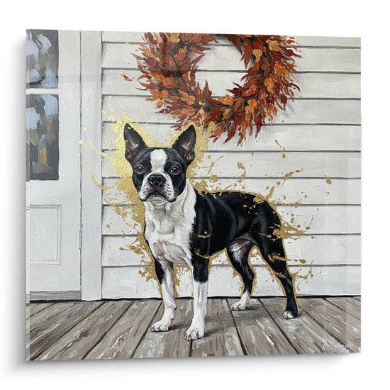 Tableau Boston Terrier noir et blanc sur terrasse avec couronne feuillages automne et eclats dores artistiques