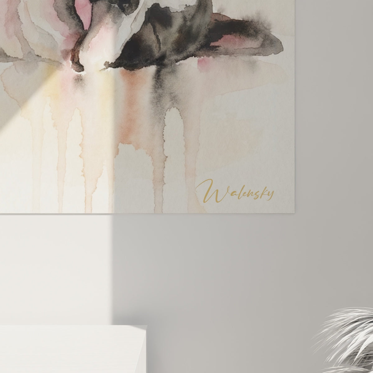 vue ensemble tableau boston terrier aquarelle rose gris decoration interieure contemporaine