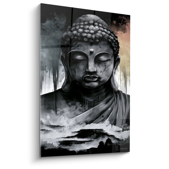 Tableau Statue grise et noire aux coulures d'encre - Ciel corail nuageux - Edition Bouddha