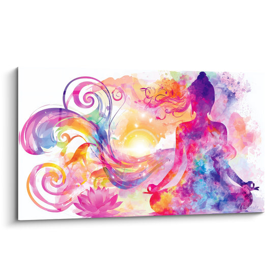Bouddha en méditation aux teintes rose fuchsia et violet, halo doré en aquarelle éclatée