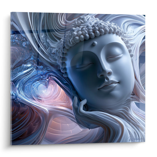 Bouddha aux traits bleu ardoise et volutes blanc ivoire, yeux clos, sculpture numérique fluide