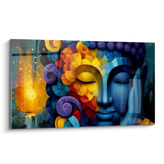Bouddha aux yeux clos, chevelure dorée et violette, visage bleu marine sur fond de soleil ocre