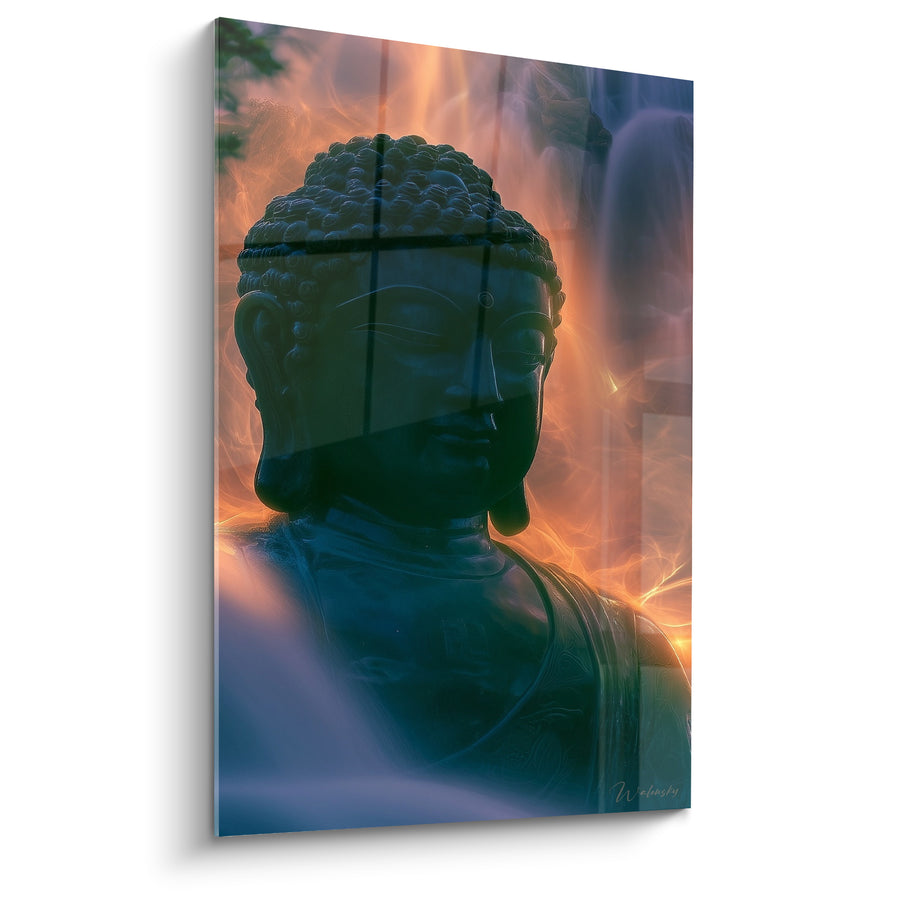 Tableau Statue bronze et orange aux flammes ardentes - Silhouette embrasée nocturne - Edition Bouddha