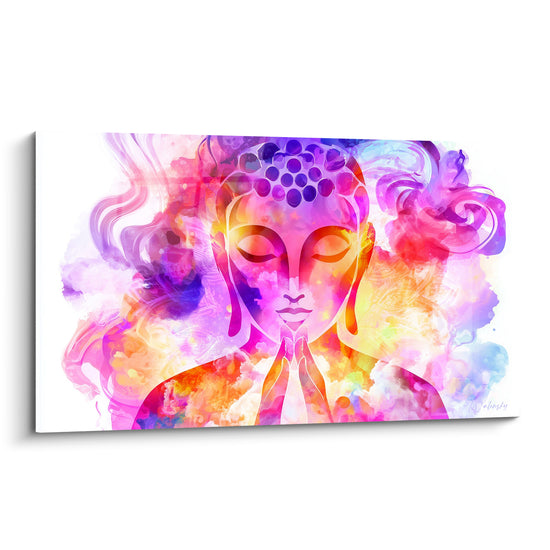 Bouddha en prière aux couleurs fuchsia et violettes, mains jointes, style aquarelle vibrante