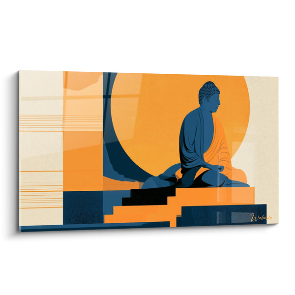 Tableau Bouddha bleu marine et disque orange géométrique - Silence solaire - Edition Bouddha