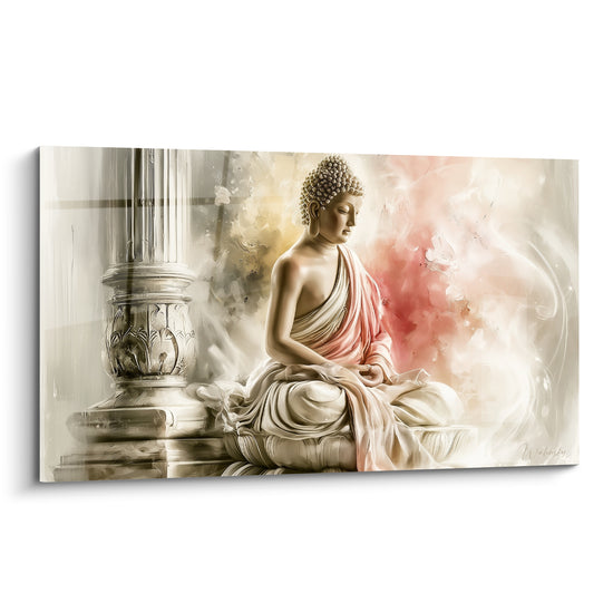 Bouddha assis en méditation, drapé rose poudré et ivoire, colonne sculptée en arrière-plan