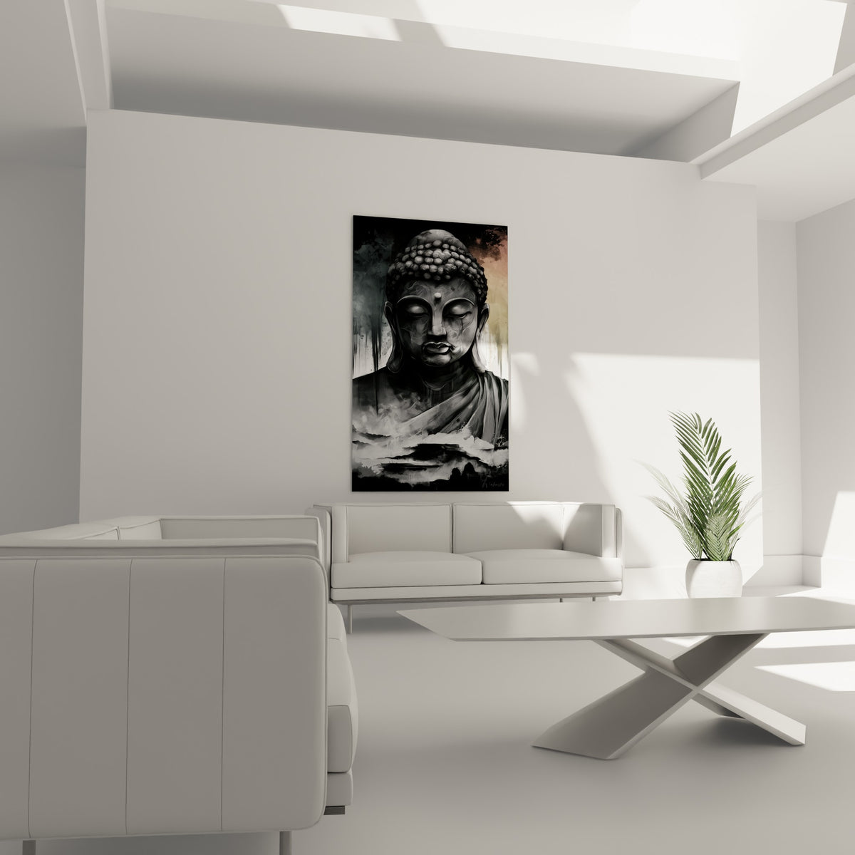 Statue du Bouddha noire et blanche empreinte de sérénité, au-dessus d'un canapé dans un salon lumineux