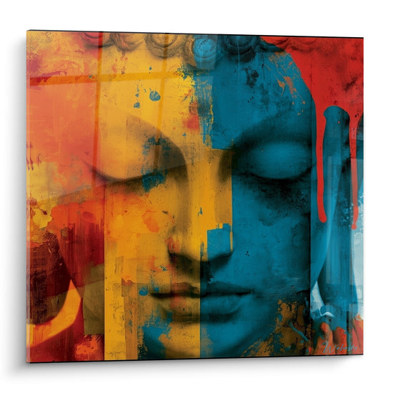Bouddha aux yeux clos, visage divisé entre ocre chaud et bleu pétrole, coulures rouges le long de la coiffe