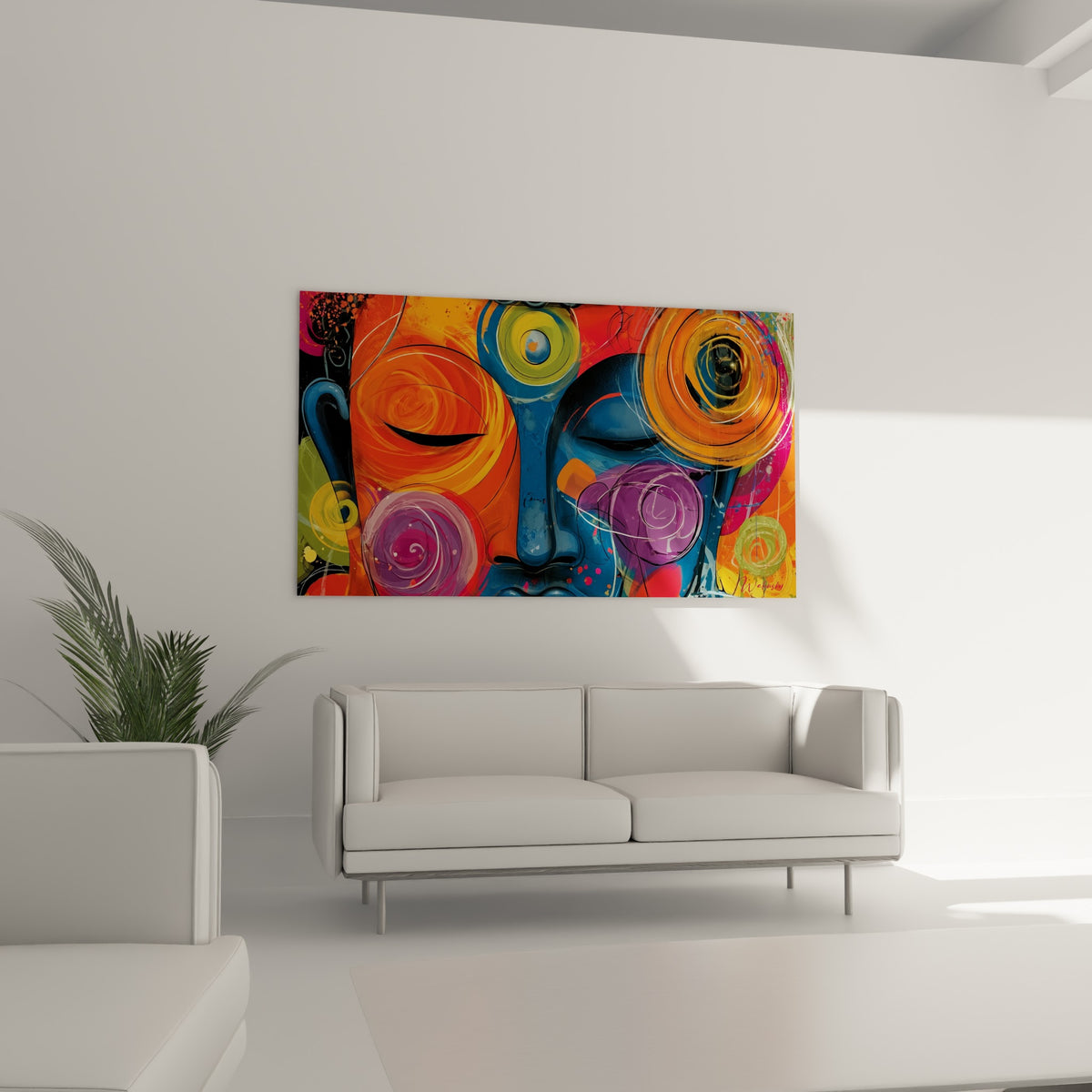 Bouddha serein en orange et bleu marine, cercles vert olive et violets, au-dessus d'un canapé dans un salon lumineux