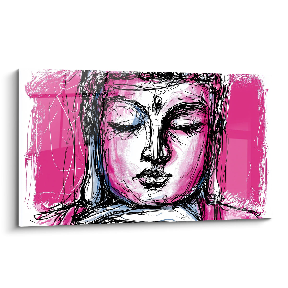 Bouddha esquissé en noir sur fond rose fuchsia, visage aux yeux clos, style graphique vibrant