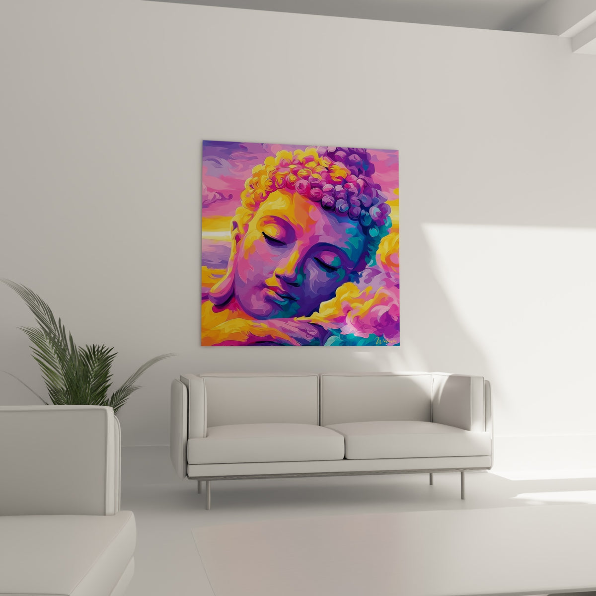 Méditation du Bouddha violet et rose vif, visage apaisé au-dessus d'un canapé dans un salon lumineux