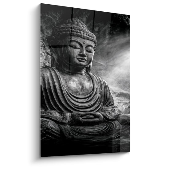 Tableau Statue noire et grise assise près de l'eau - Rayon de lumière brumeux - Edition Bouddha