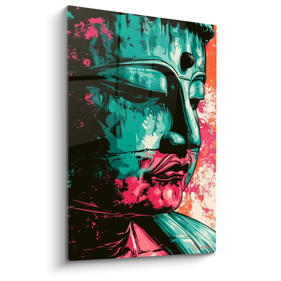 Tableau Visage turquoise et rose aux éclaboussures d'encre - Fond orange corail - Edition Bouddha