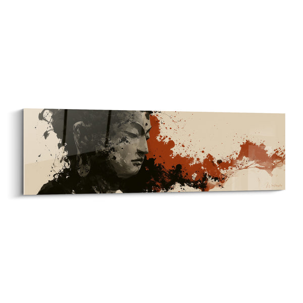 Tableau Visage gris et rouge aux éclaboussures d'encre - Fond ivoire allongé - Edition Bouddha
