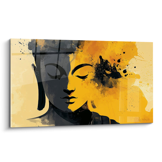 Bouddha au visage mi-anthracite mi-jaune moutarde, éclaboussures d'encre noire en fond