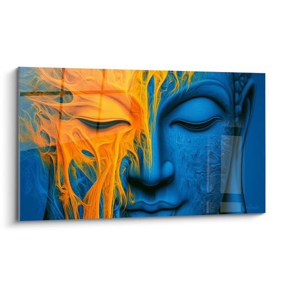 Bouddha au visage bleu profond dont la moitié se dissout en volutes dorées et flammes fluides