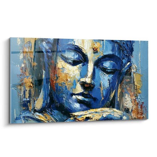 Visage de Bouddha bleu marine et doré, yeux clos, texture épaisse au couteau à peindre